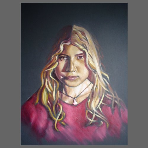 Oil portrait of a girl in a pink top by Fiona Holt